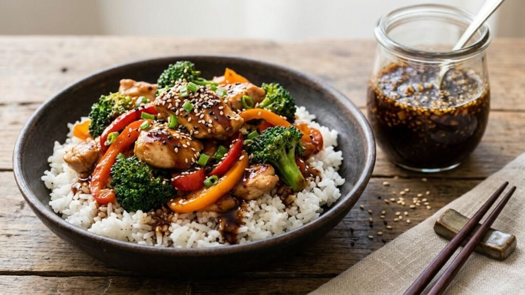 Soyaki-glazed chicken with vegetables and rice