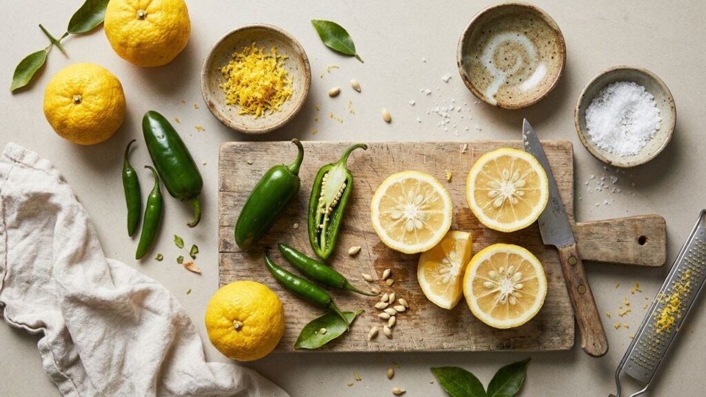 Yuzu zest, green chilies, and salt
