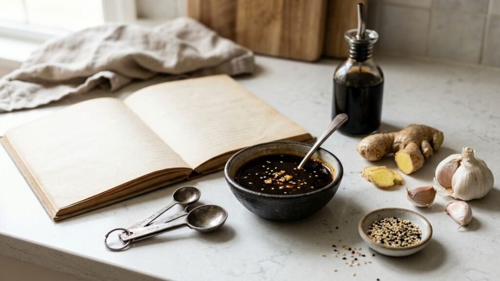Homemade Soyaki sauce with measuring spoons