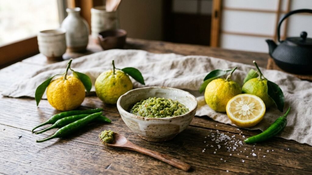 Homemade yuzu kosho with fresh green chilies
