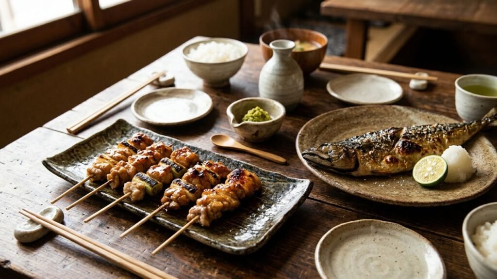 Grilled chicken and fish with yuzu kosho
