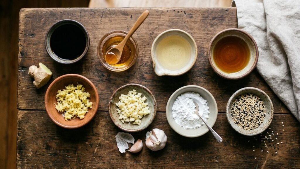 Soy sauce, ginger, garlic, and sesame ingredients