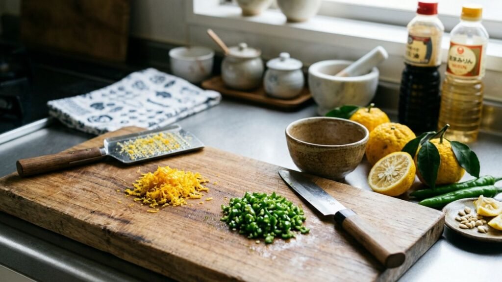 Grated yuzu zest and chopped green chilies
