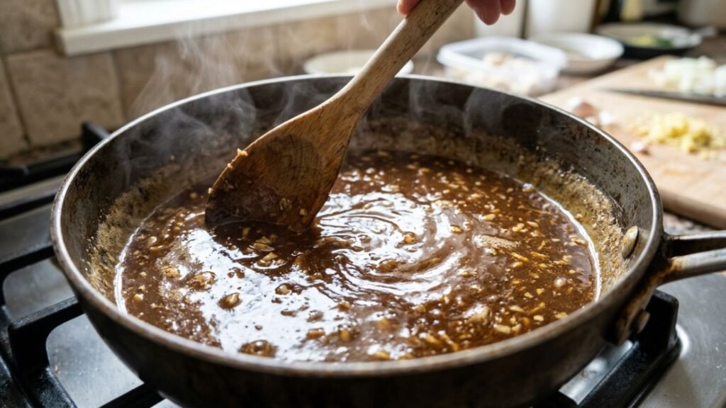 Brown sauce simmering with ginger and garlic