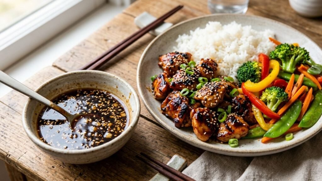 Homemade sauce served beside chicken and vegetable rice