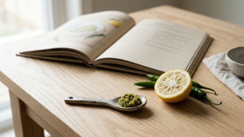 Homemade yuzu kosho paste and its key ingredients
